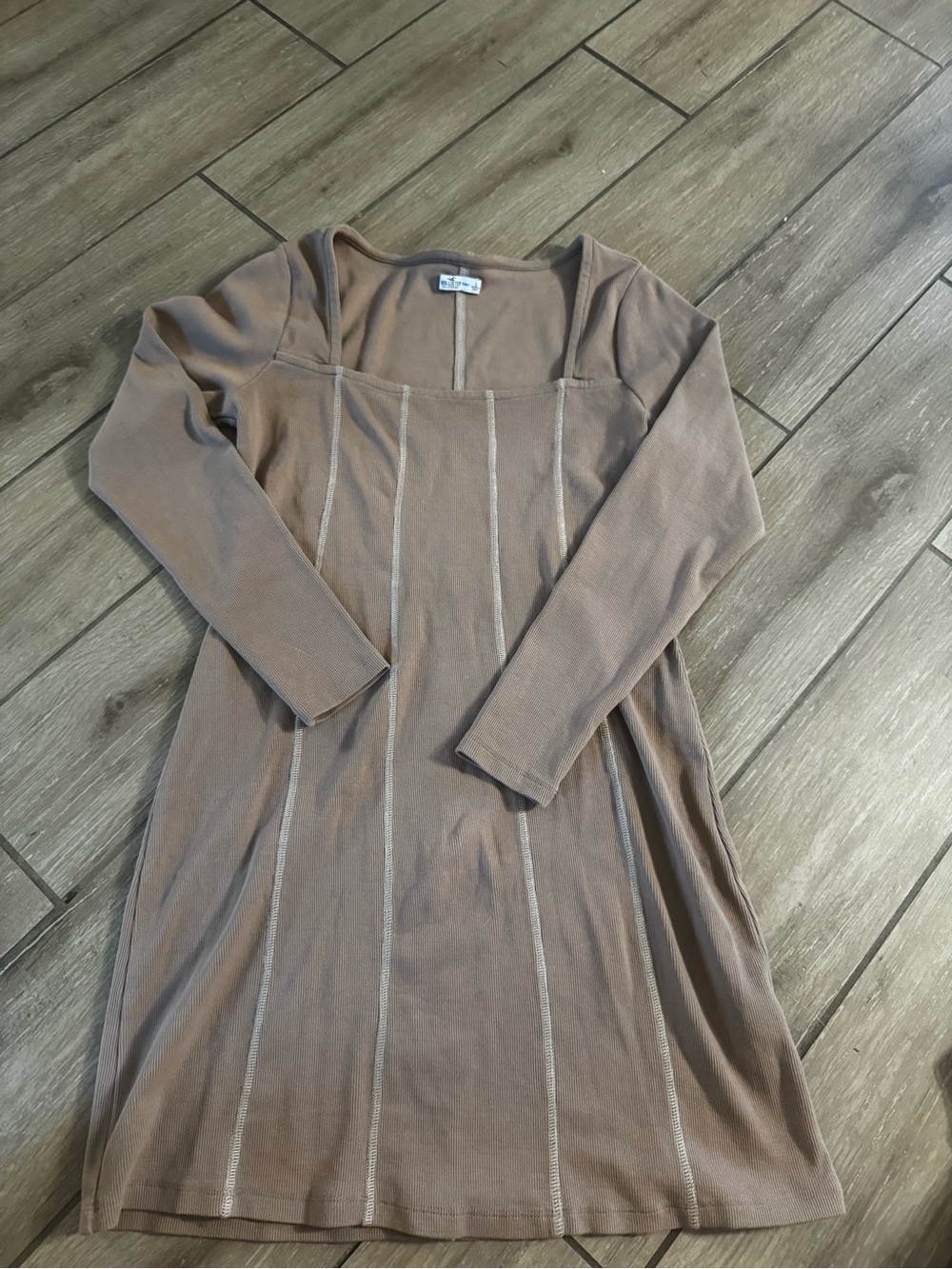 Hollister Long Sleeve Taupe Knit Dress with Subtle Stitch Panels